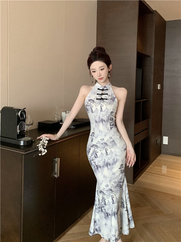 Ink slim Chinese style long dress retro mermaid cheongsam