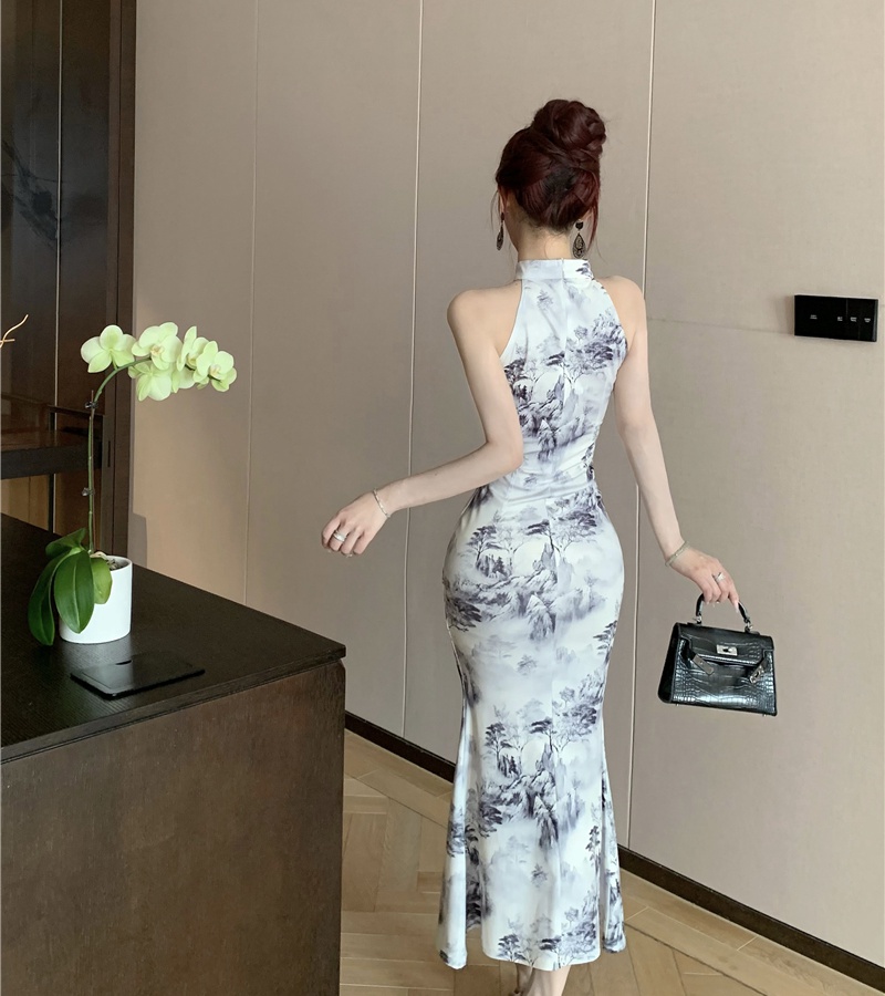 Ink slim Chinese style long dress retro mermaid cheongsam