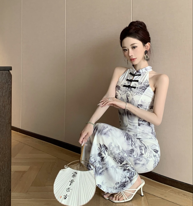 Ink slim Chinese style long dress retro mermaid cheongsam