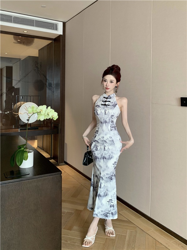 Ink slim Chinese style long dress retro mermaid cheongsam