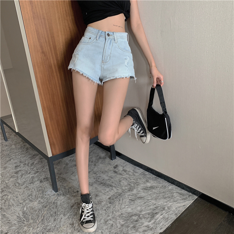 High waist worn jeans burr retro shorts for women