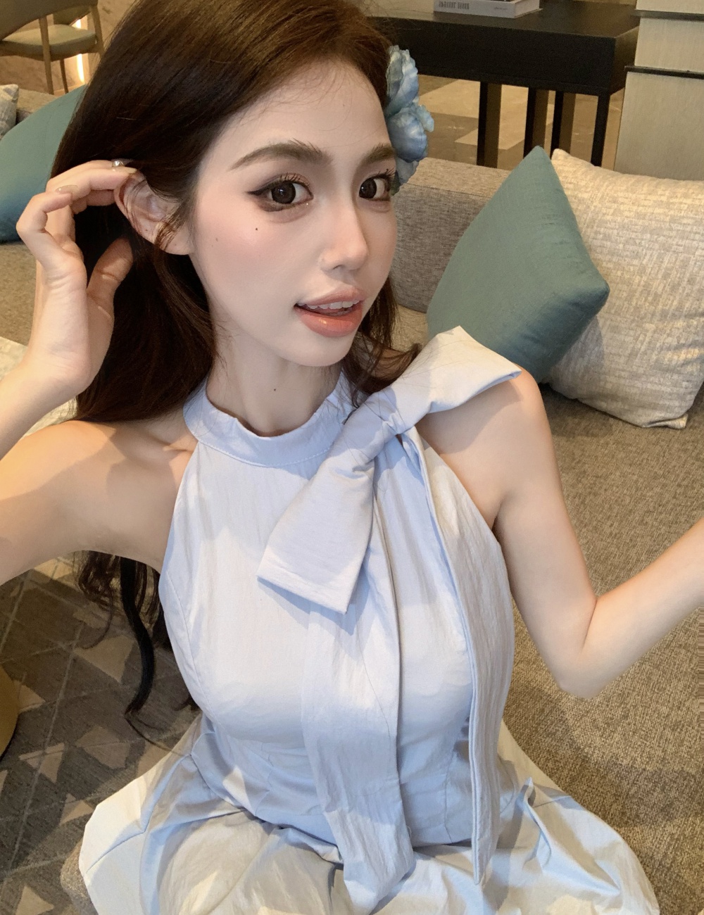 A-line sleeveless sleeveless dress pinched waist T-back