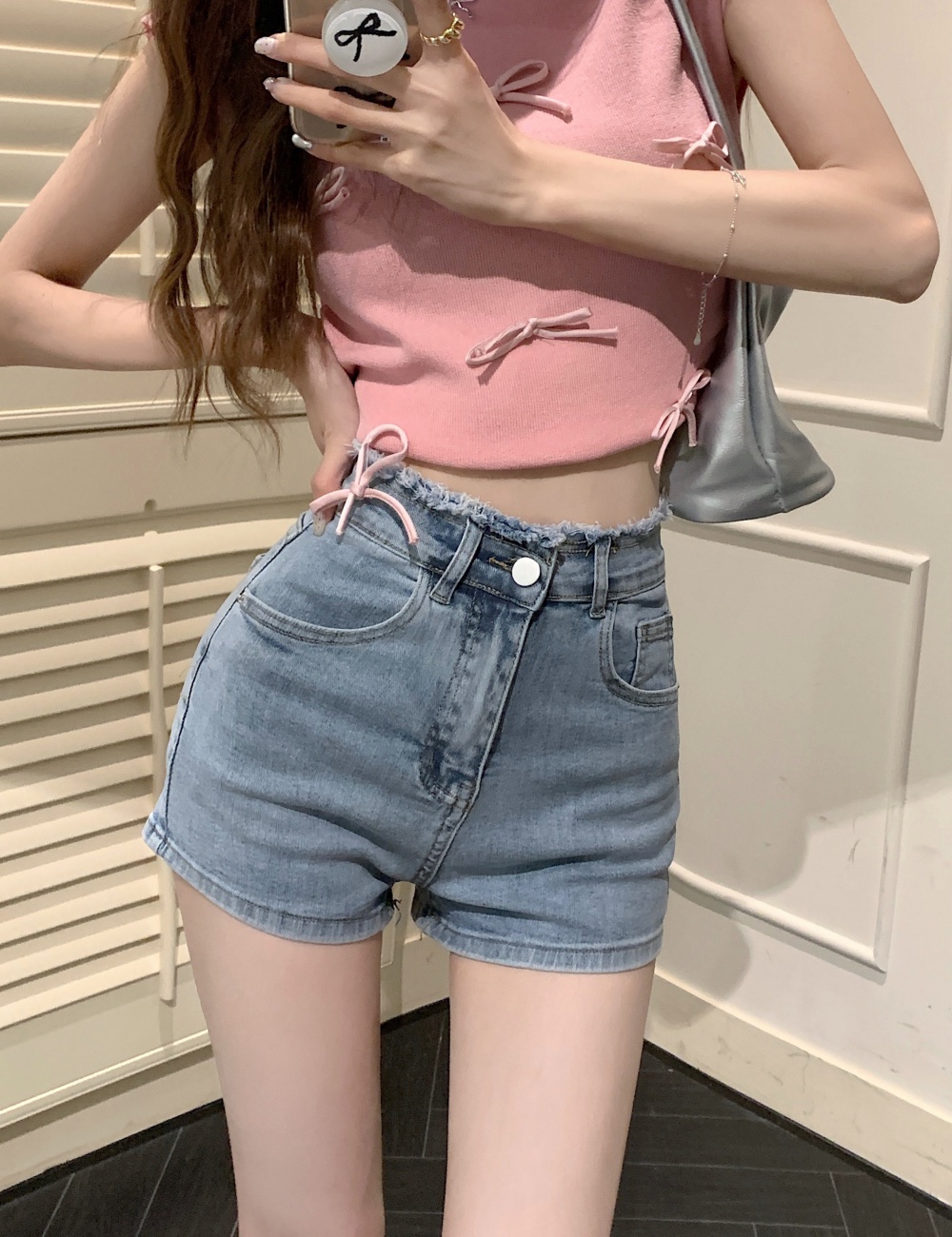 Slim burr shorts straight bow short jeans for women