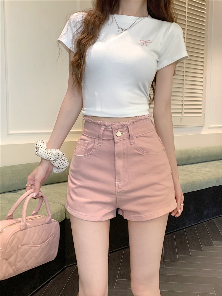 Slim burr shorts straight bow short jeans for women