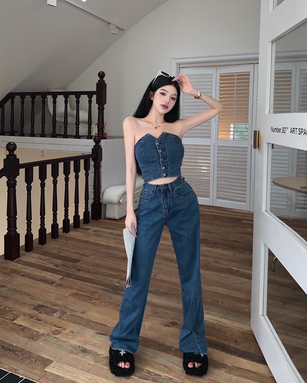 Sexy loose long pants denim tops 2pcs set for women