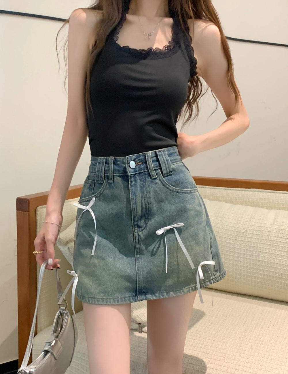 Denim retro short skirt A-line spicegirl skirt for women