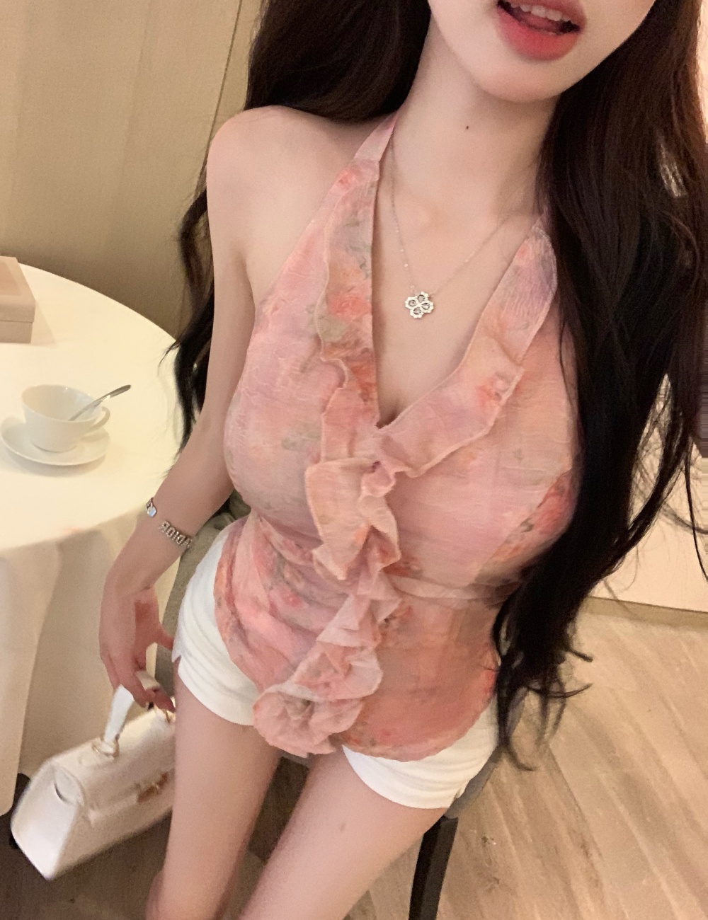 Sleeveless V-neck shirt lotus leaf edges halter tops