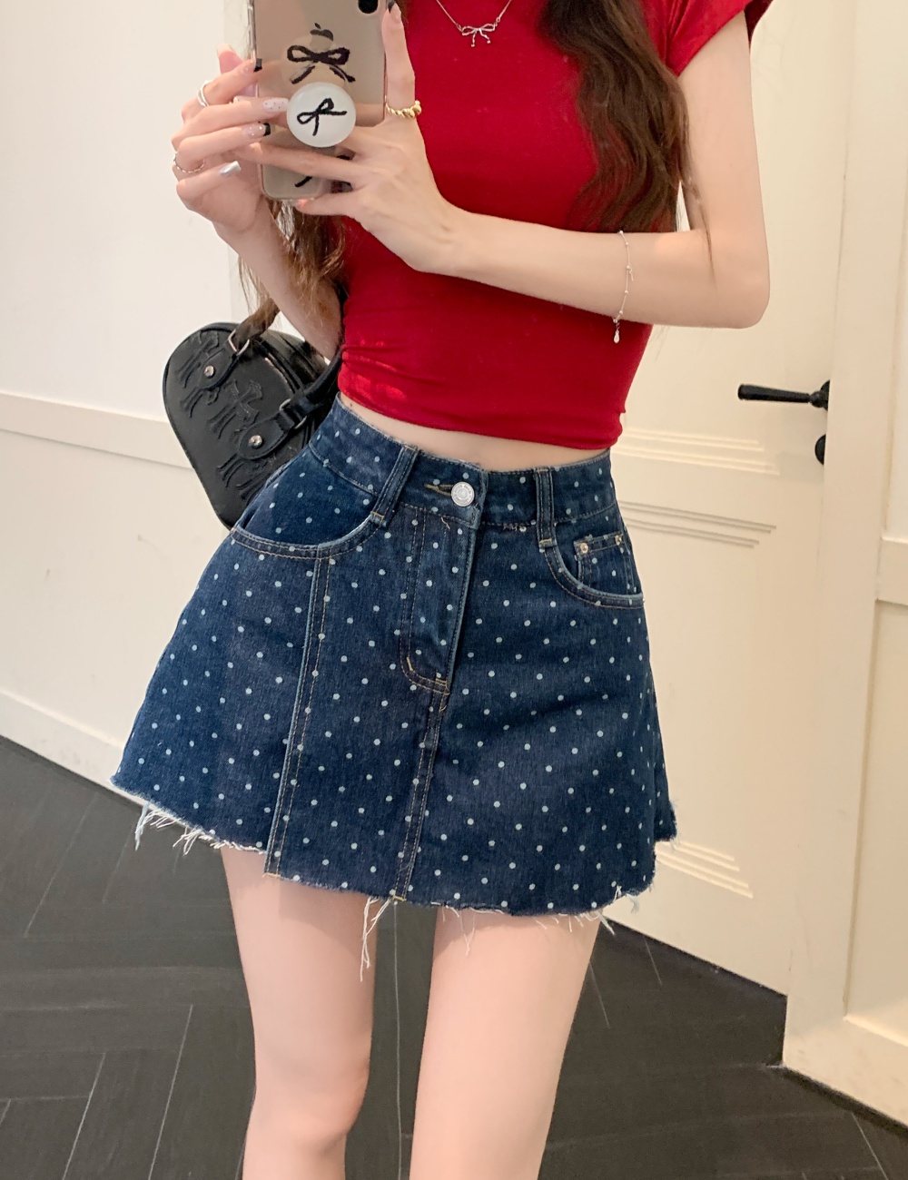 Slim irregular A-line denim skirt high waist splice skirt