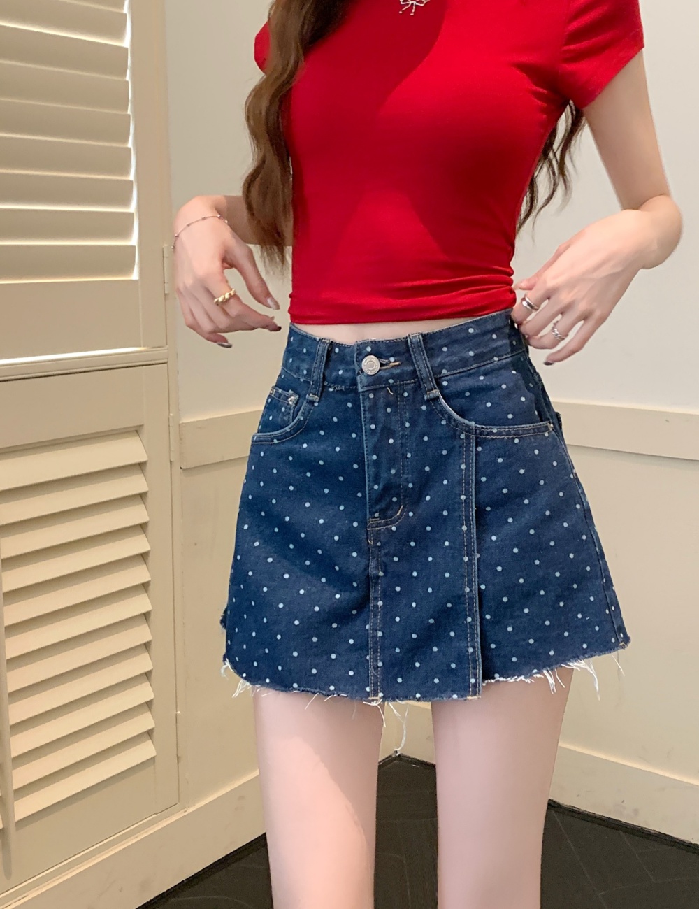 Slim irregular A-line denim skirt high waist splice skirt