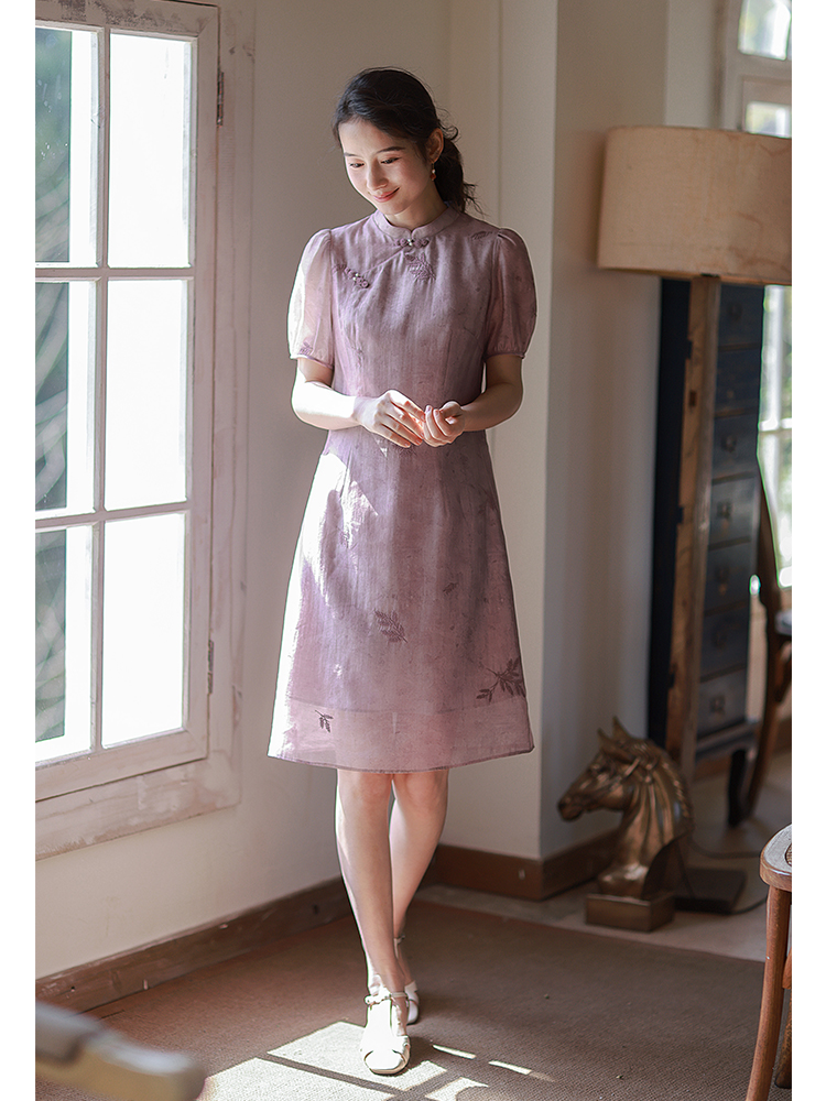 Short sleeve purple summer dress for women