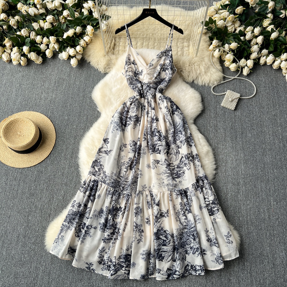 Summer sling pinched waist Casual elegant retro dress for women