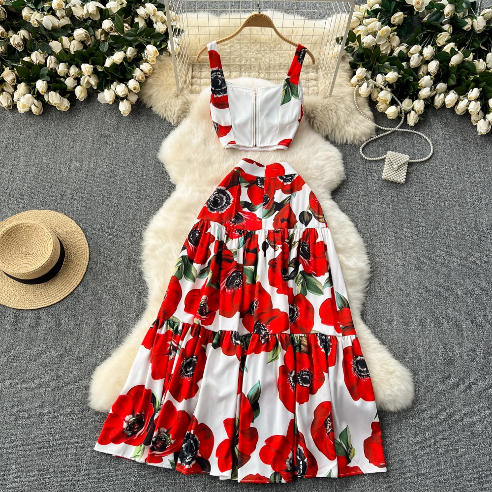 Printing big skirt skirt vacation sling vest 2pcs set