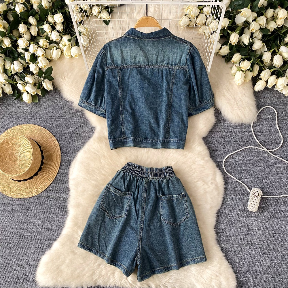 All-match summer tops denim loose shorts a set for women