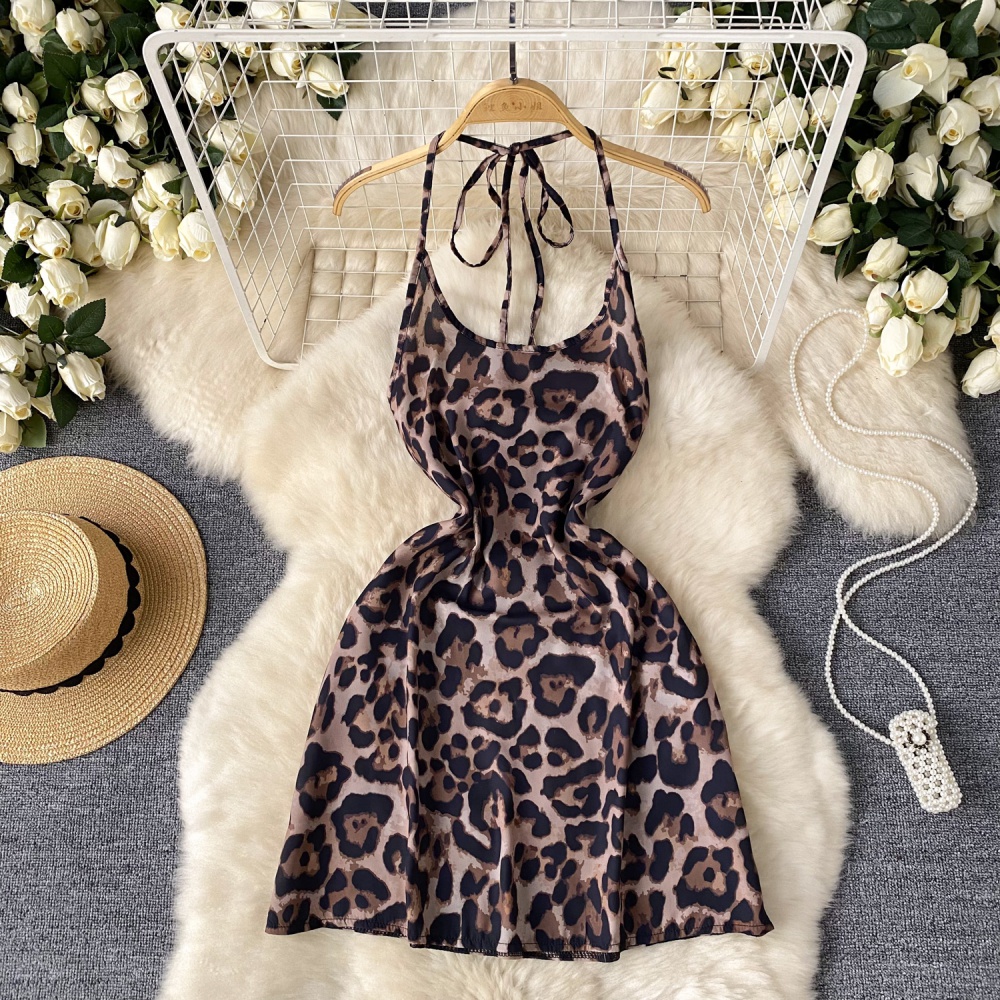 Leopard hollow dress temperament halter T-back for women