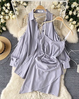 Spicegirl fold long sleeve shirt sexy summer dress 2pcs set