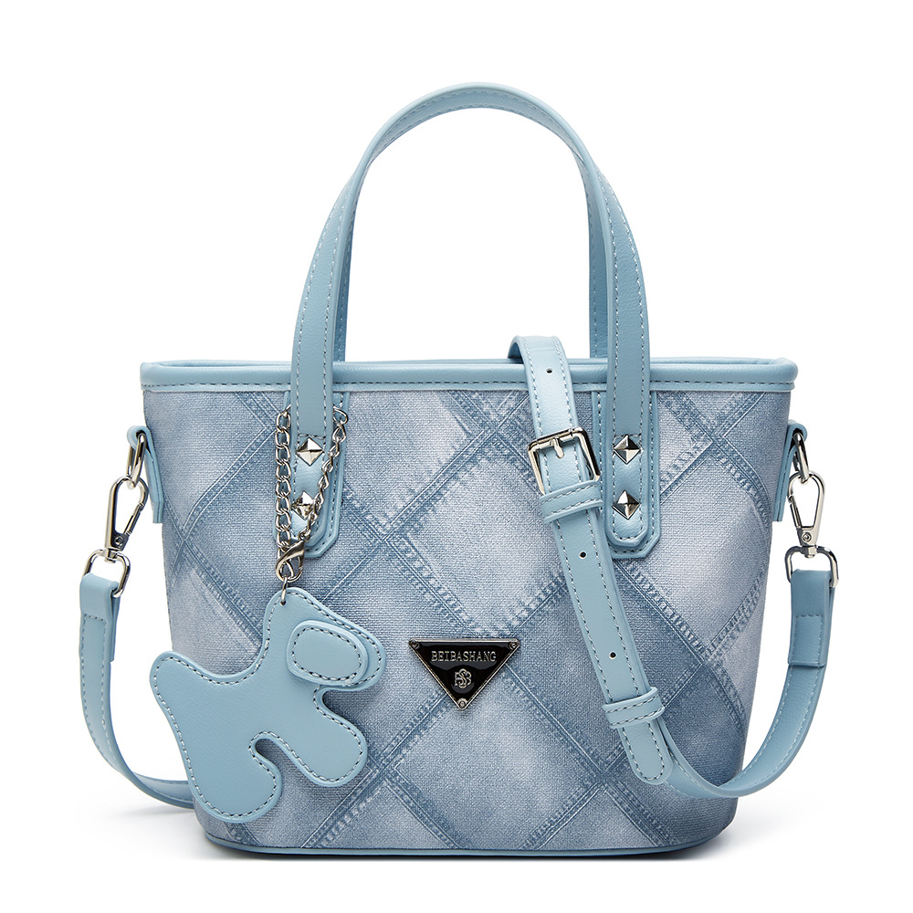 Denim plaid stereoscopic bucket bag