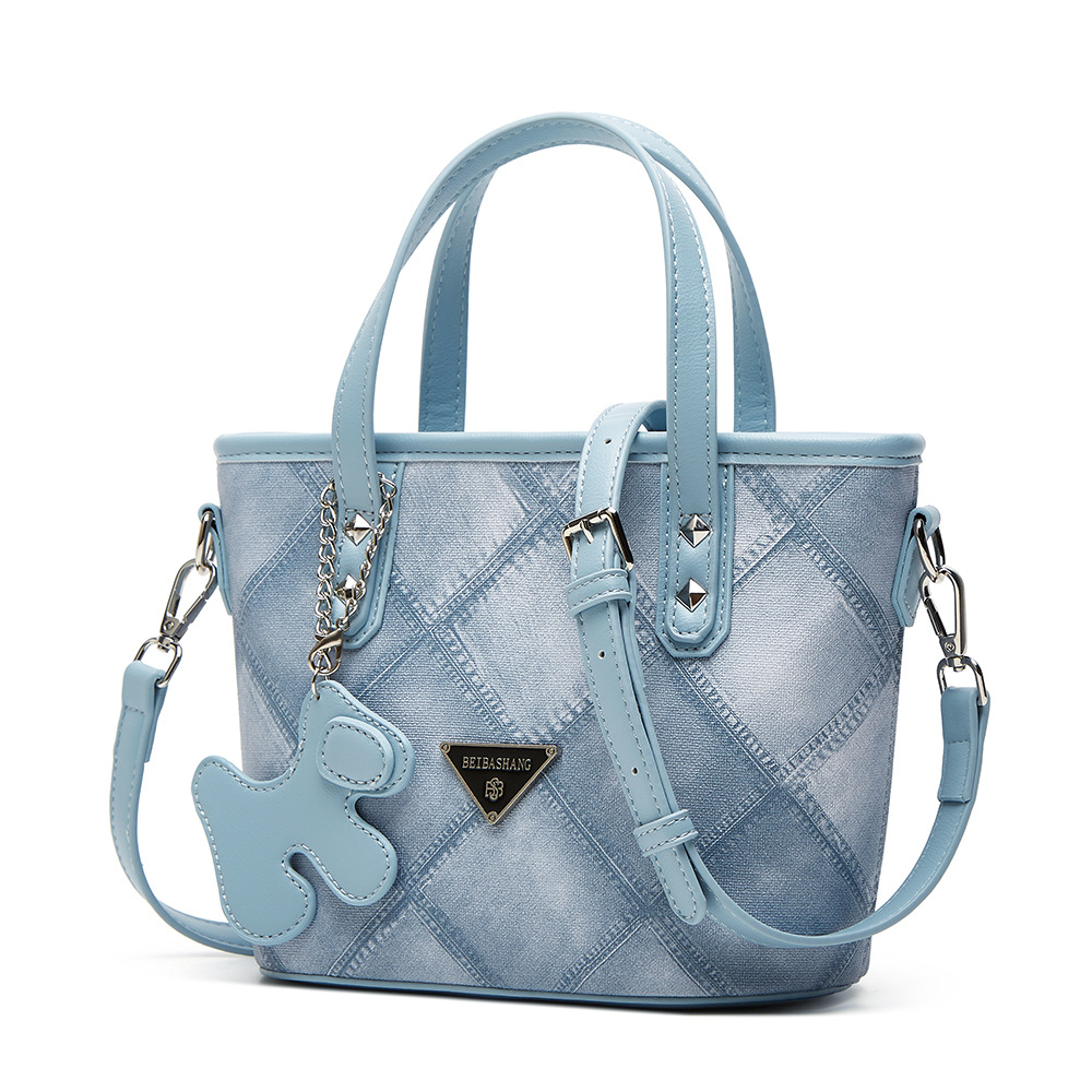 Denim plaid stereoscopic bucket bag