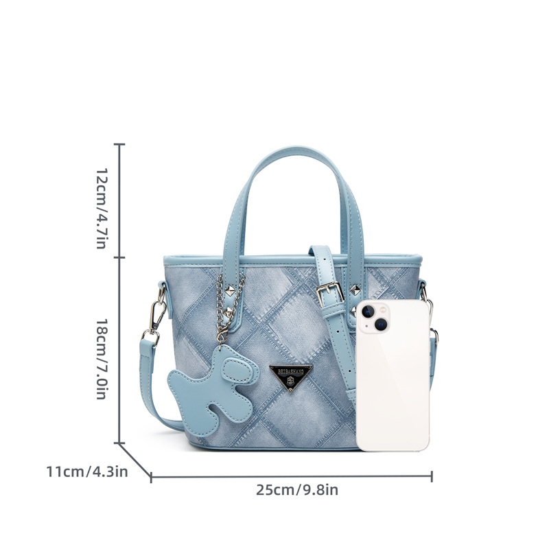 Denim plaid stereoscopic bucket bag