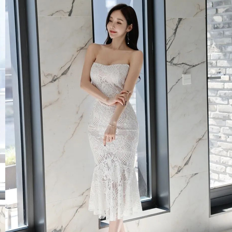 Temperament wrapped chest formal dress slim Korean style dress