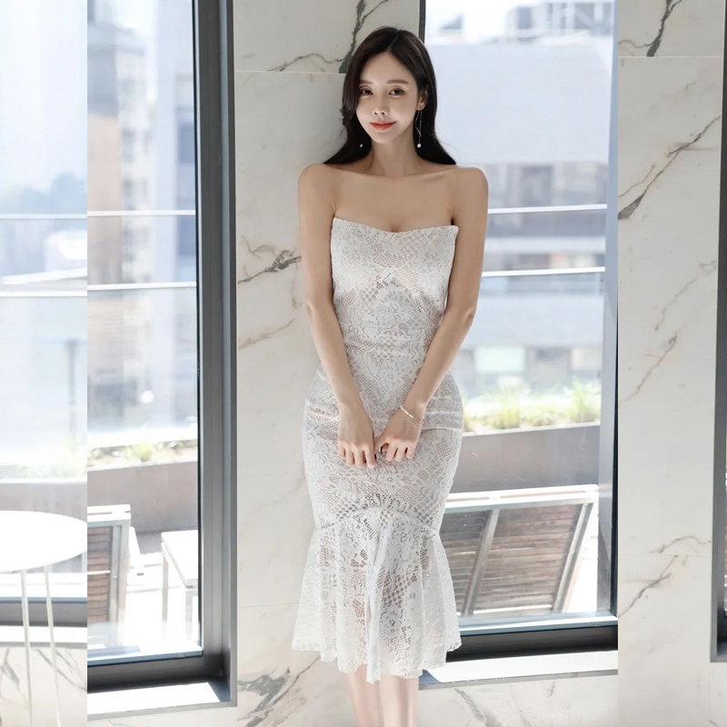 Temperament wrapped chest formal dress slim Korean style dress