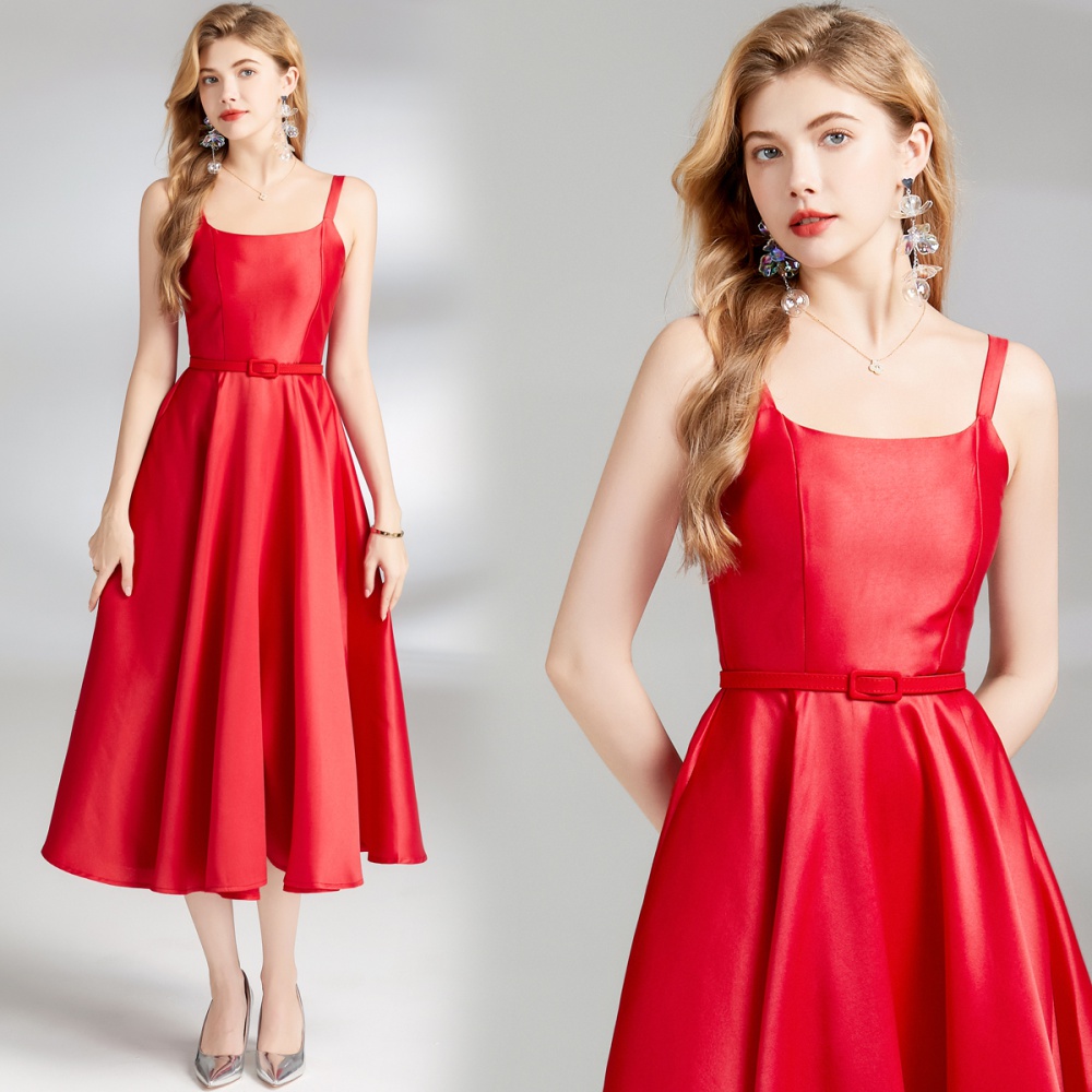 Sling pinched waist with belt Hepburn style slim dress