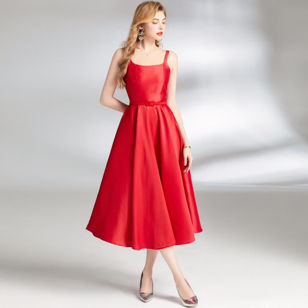 Sling pinched waist with belt Hepburn style slim dress