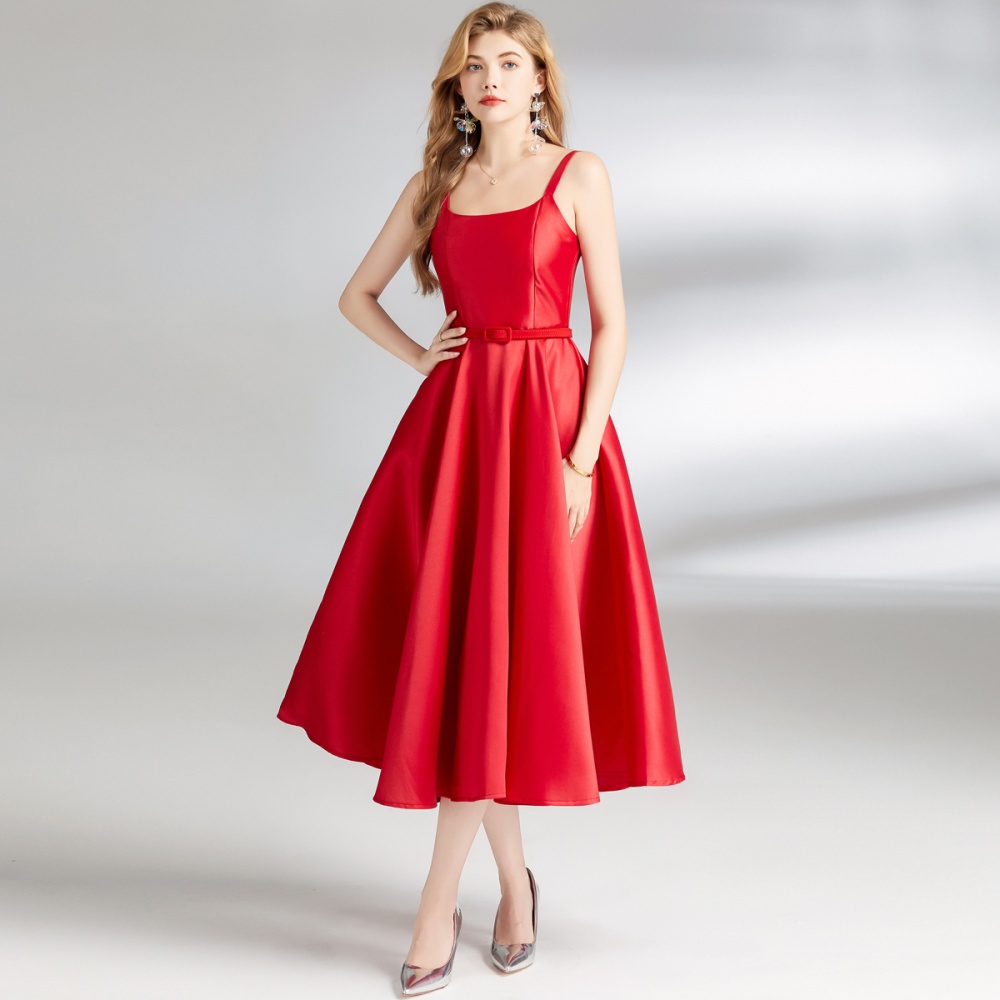 Sling pinched waist with belt Hepburn style slim dress