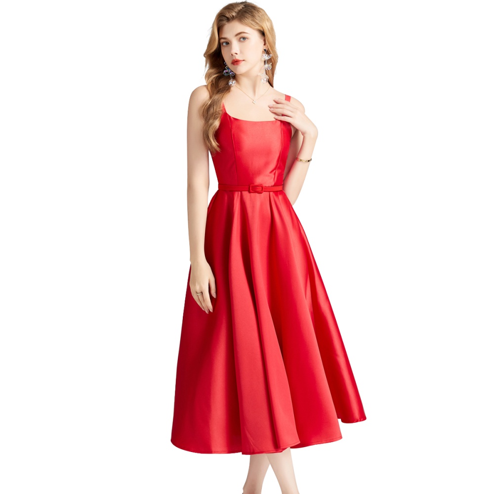 Sling pinched waist with belt Hepburn style slim dress