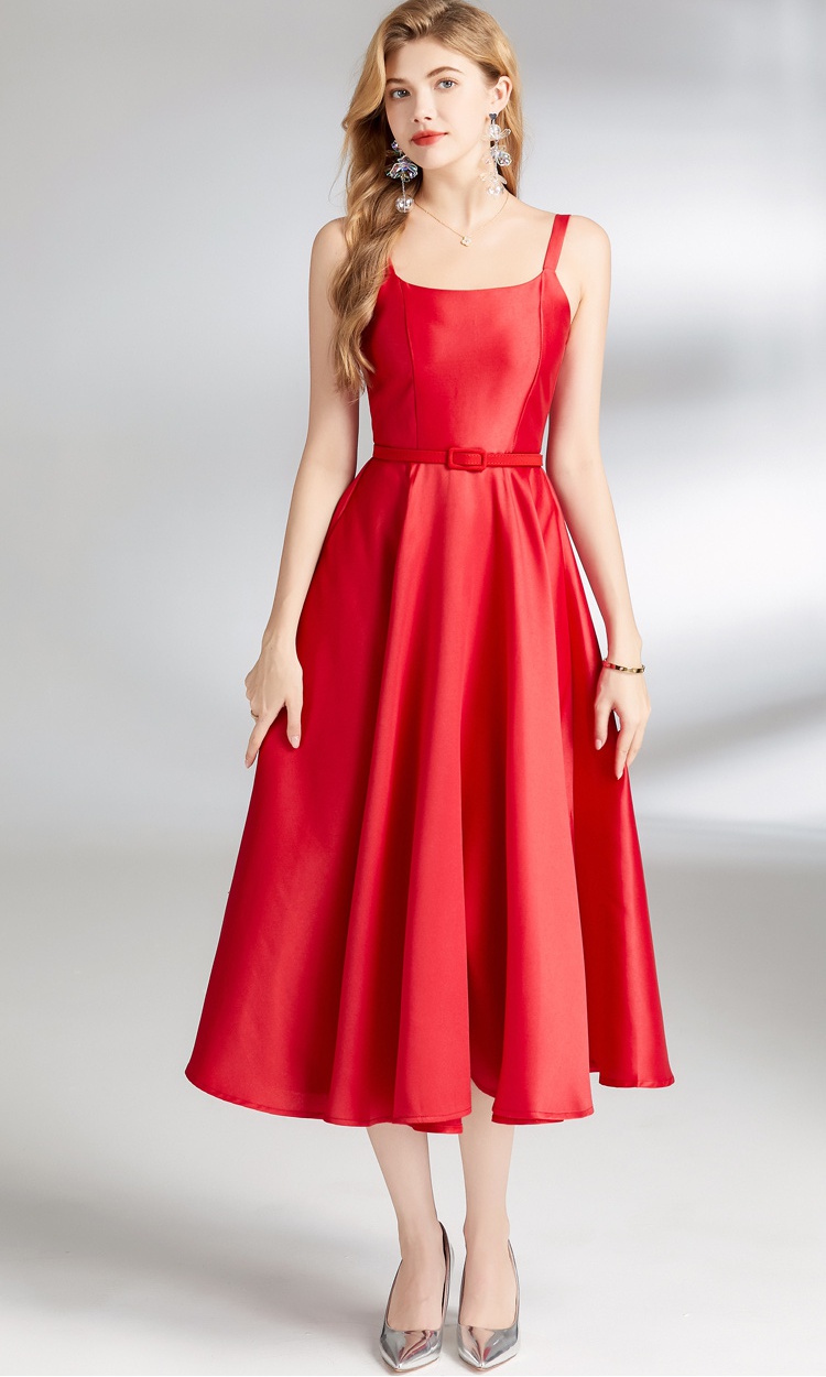 Sling pinched waist with belt Hepburn style slim dress