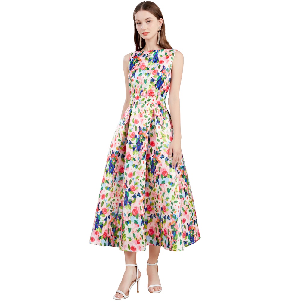 Stereoscopic clipping sleeveless pinched waist A-line dress