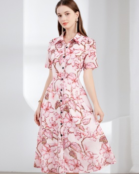 With belt pinched waist dress printing shirt