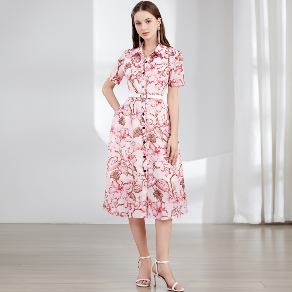 With belt pinched waist dress printing shirt