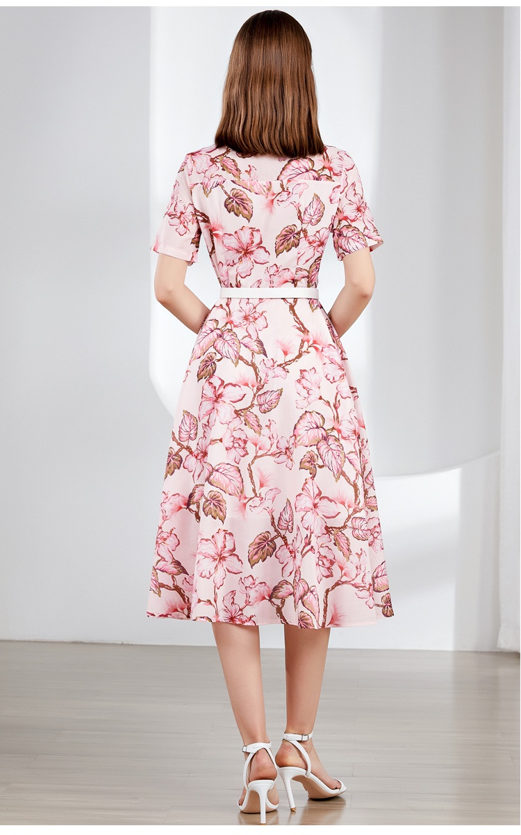 With belt pinched waist dress printing shirt