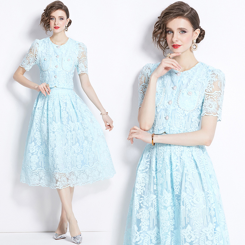 Light luxury chanelstyle lace skirt 2pcs set