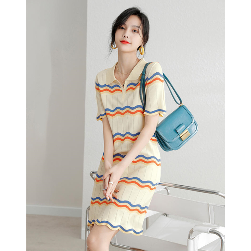 Ice silk niche summer knitted stripe dress