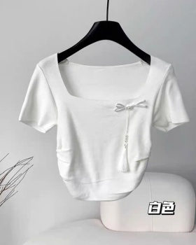 Knitted square collar tops summer fold T-shirt for women