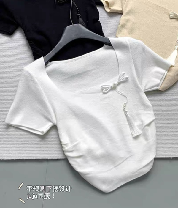 Knitted square collar tops summer fold T-shirt for women