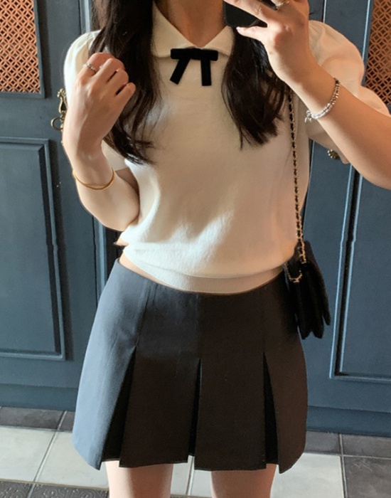 Sweet style bow T-shirt puff sleeve navel tops for women