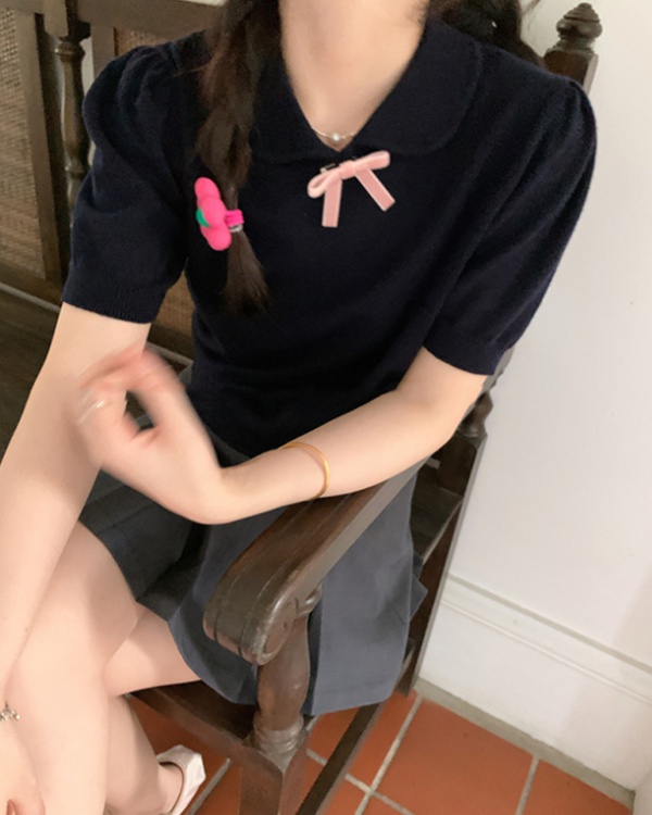 Sweet style bow T-shirt puff sleeve navel tops for women