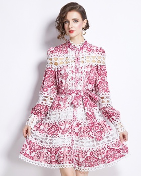 Hollow court style cstand collar printing spring dress