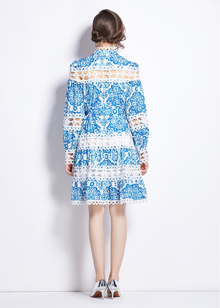 Hollow court style cstand collar printing spring dress