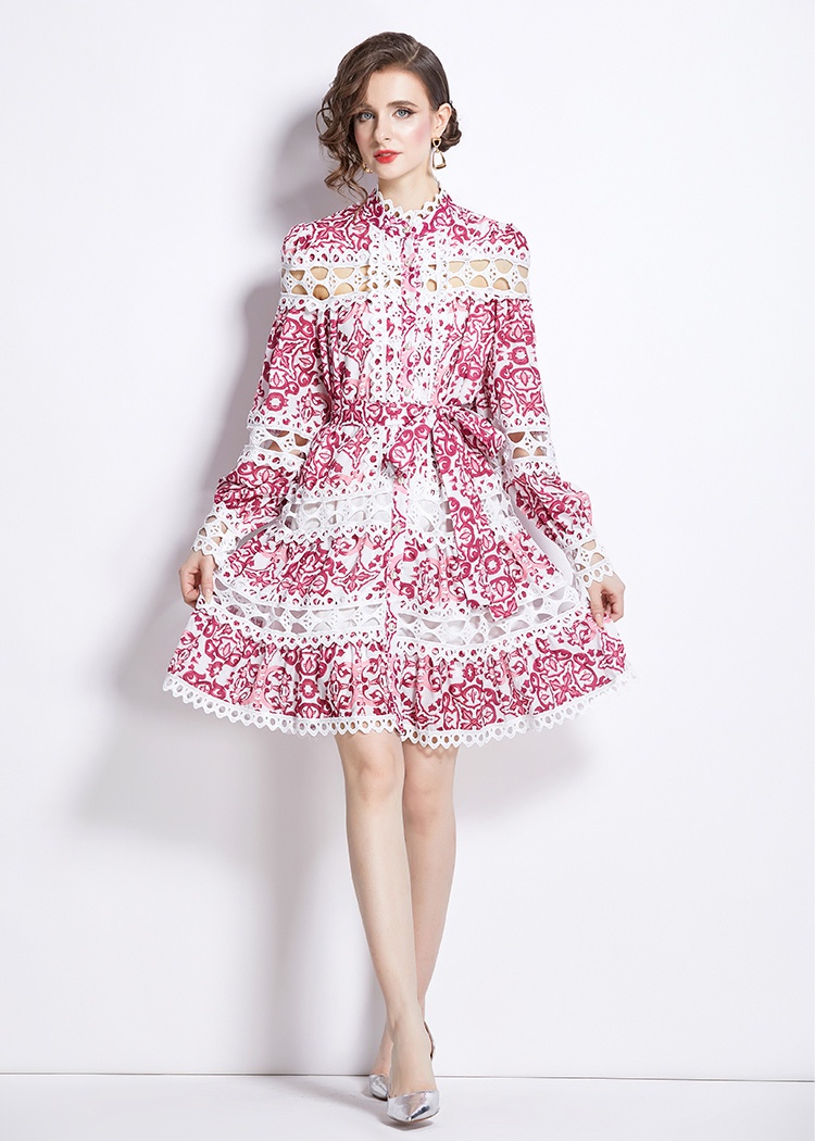 Hollow court style cstand collar printing spring dress