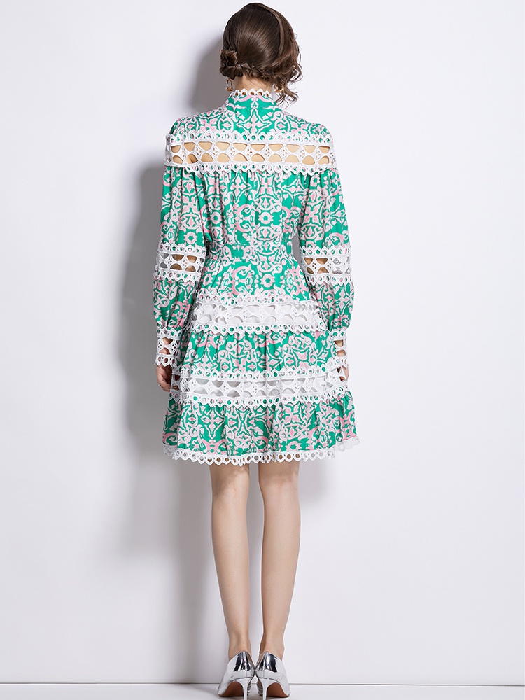 Hollow court style cstand collar printing spring dress