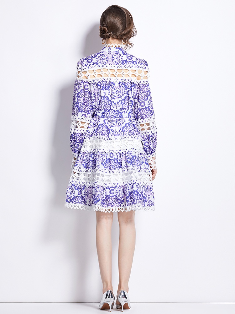 Hollow court style cstand collar printing spring dress