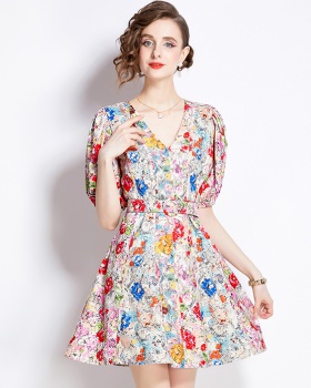 V-neck France style floral pinched waist slim dress