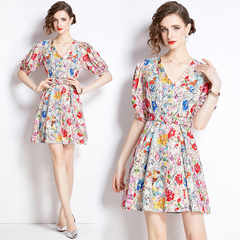 V-neck France style floral pinched waist slim dress