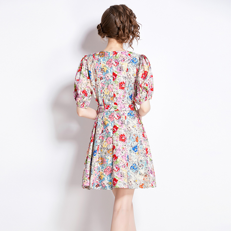 V-neck France style floral pinched waist slim dress