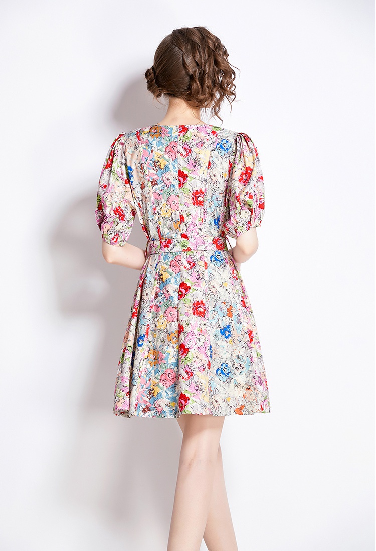 V-neck France style floral pinched waist slim dress