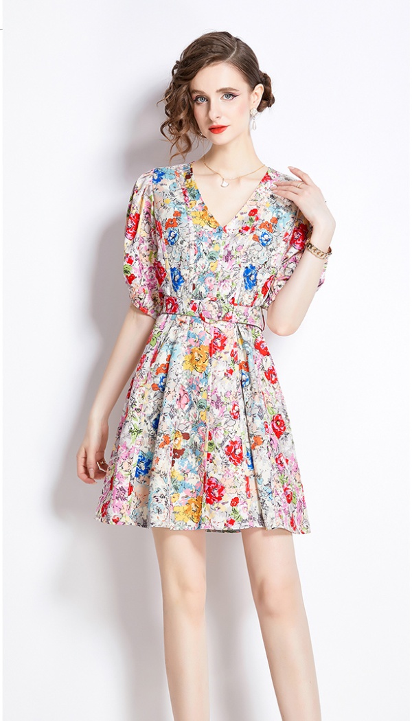 V-neck France style floral pinched waist slim dress