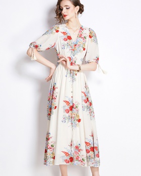 Slim flowers puff sleeve pinched waist floral dress